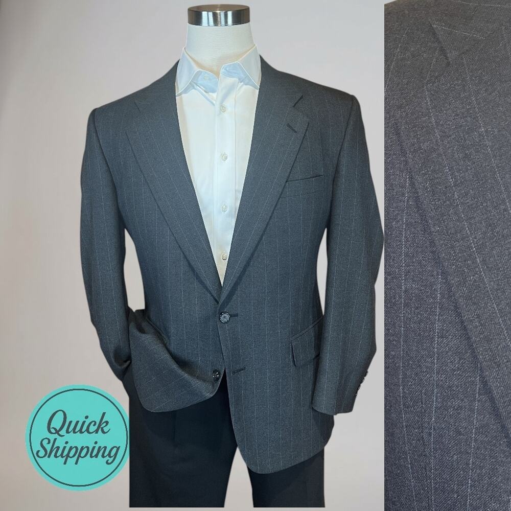 Vintage Burberrys Mens 44R Dark Gray Ice Blue Bankers Stripe Blazer Sport Coat